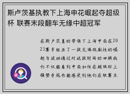 斯卢茨基执教下上海申花崛起夺超级杯 联赛末段翻车无缘中超冠军