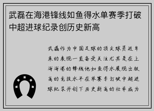 武磊在海港锋线如鱼得水单赛季打破中超进球纪录创历史新高
